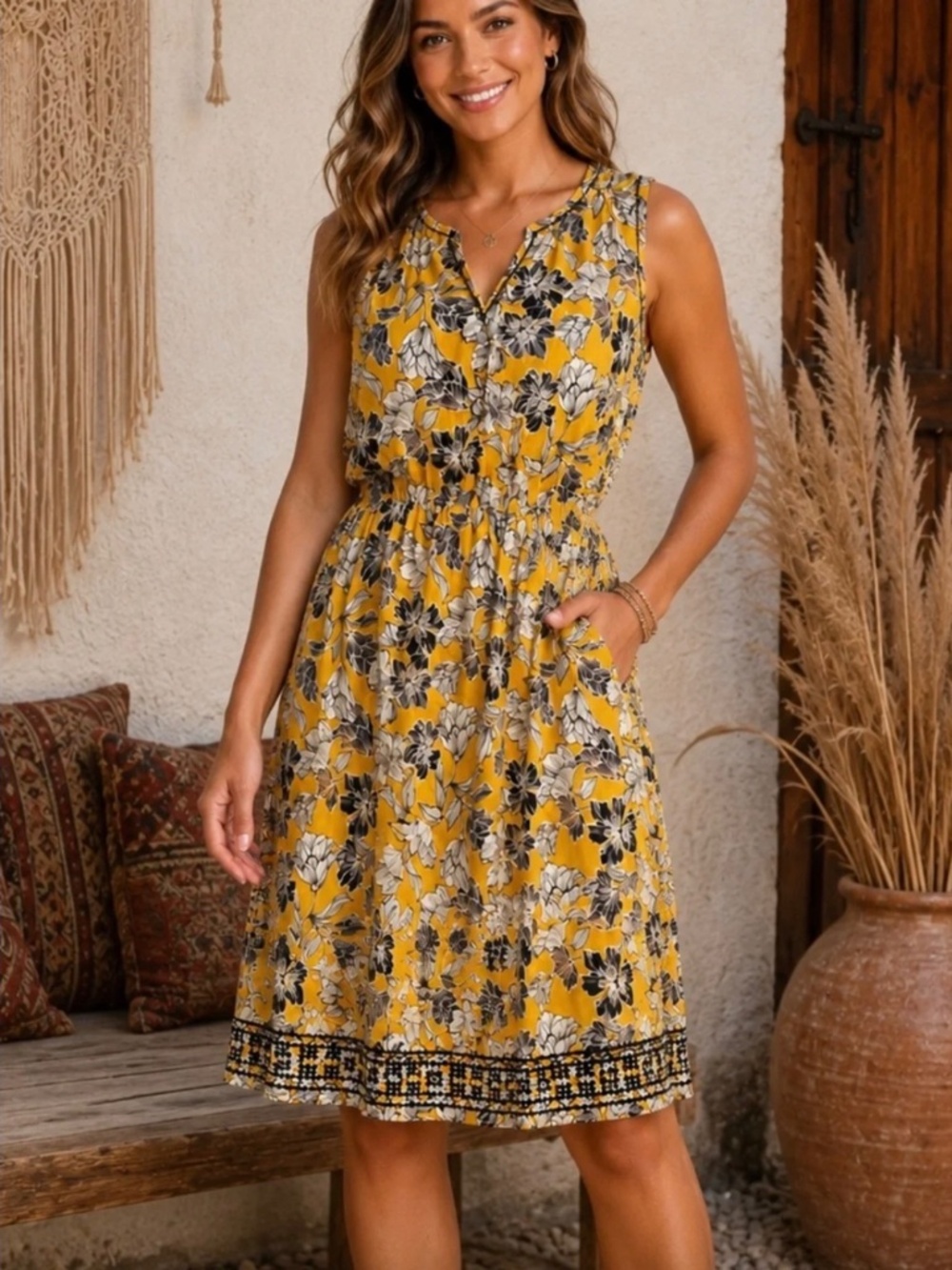 Market & Spruce Yellow Floral Sleeveless Dress